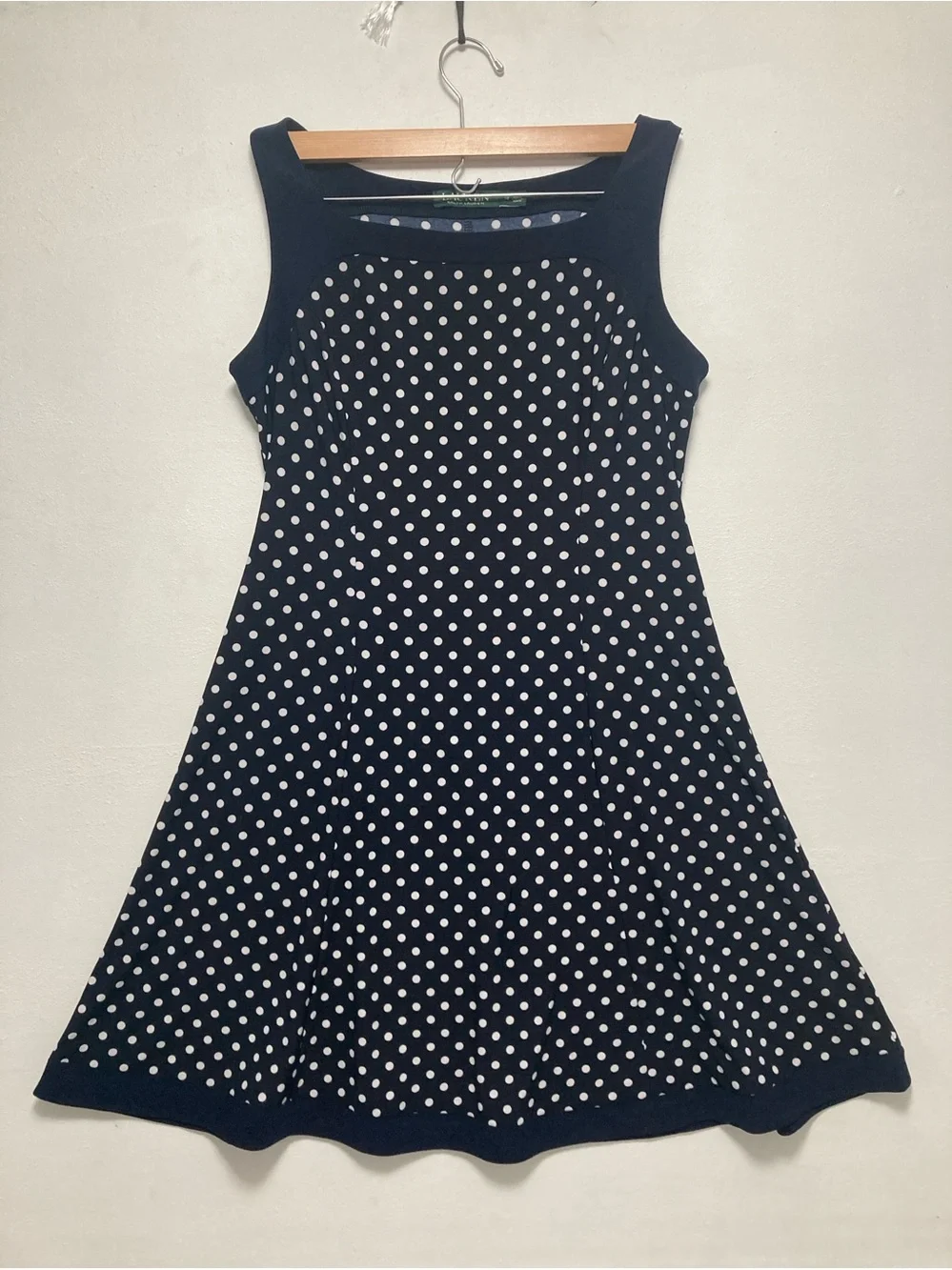 Lauren Ralph Lauren Navy Blue &White Polka Dot Sleeveles Midi Dress Size 12